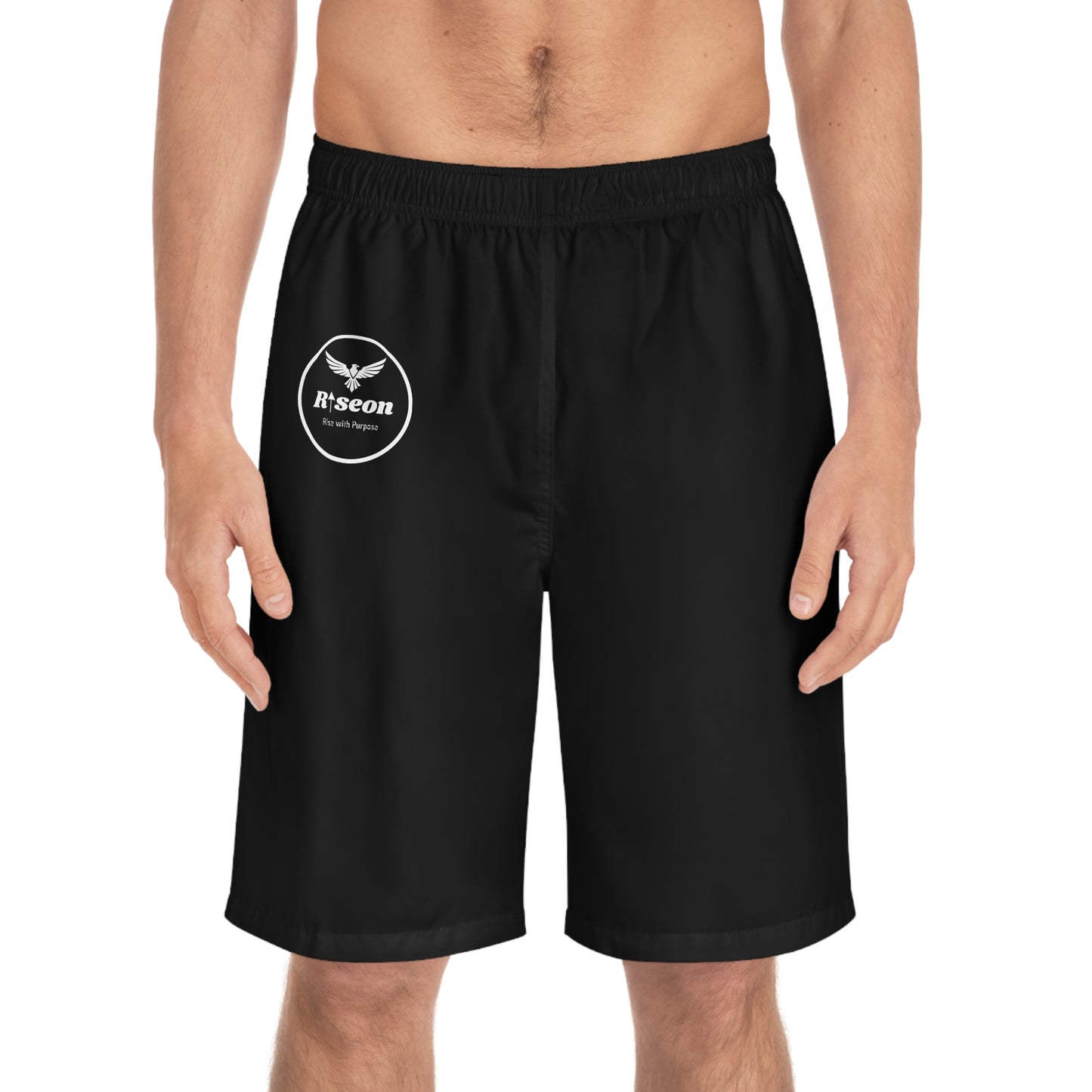 Mens Board Shorts – Black 'Riseon' Logo Swim Trunks with 'Consistency = Motivation'