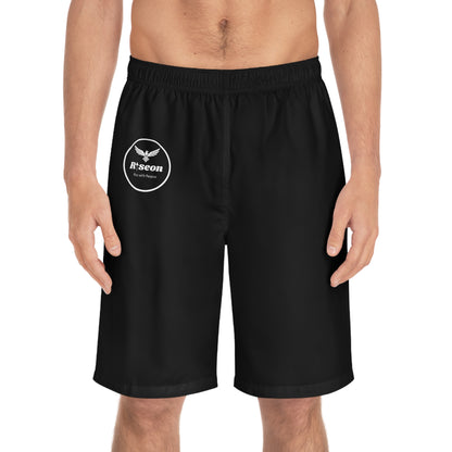 Mens Board Shorts – Black 'Riseon' Logo Swim Trunks with 'Consistency = Motivation'
