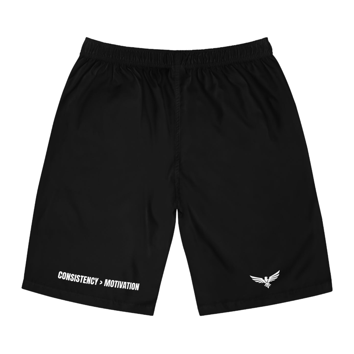 Mens Board Shorts – Black 'Riseon' Logo Swim Trunks with 'Consistency = Motivation'