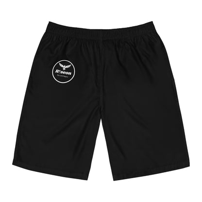 Mens Board Shorts – Black 'Riseon' Logo Swim Trunks with 'Consistency = Motivation'